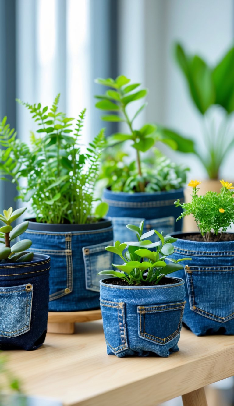 A variety of plant pots covered with upcycled denim fabric holding green houseplants on a wooden surface.